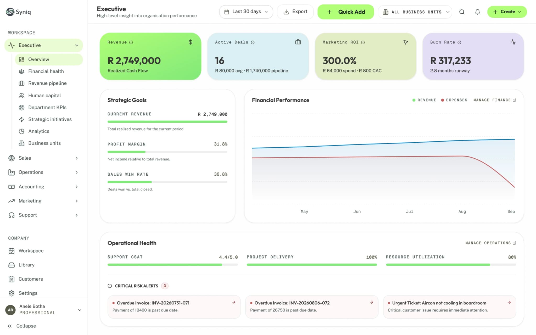The Syniq Executive dashboard showing revenue, pipeline and job figures for the month.