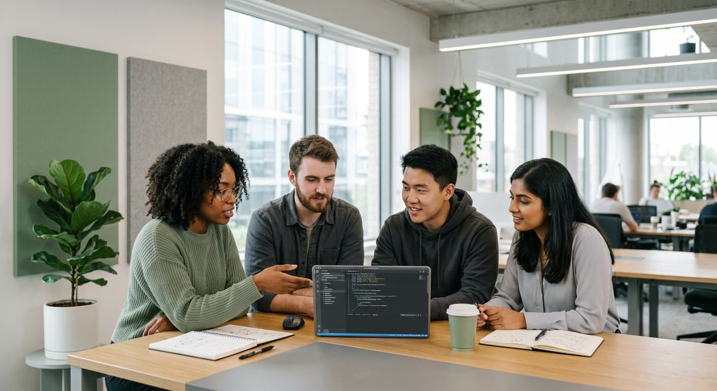Engineering team looking at a screen